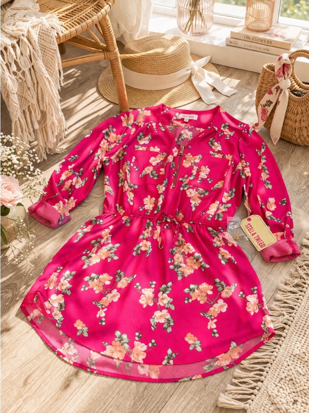 NWT Stella Tweed Floral Dress Hot Pink Zip Front Boho Derby Cottage